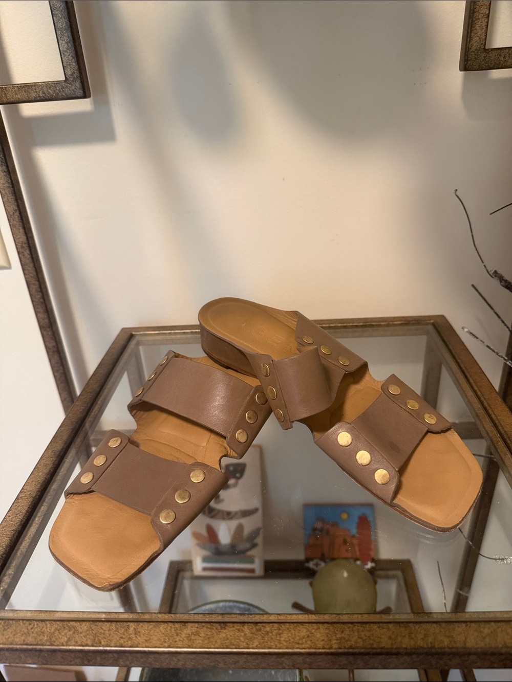 Women’s Taupe Double-Strap Stud Slide Sandals